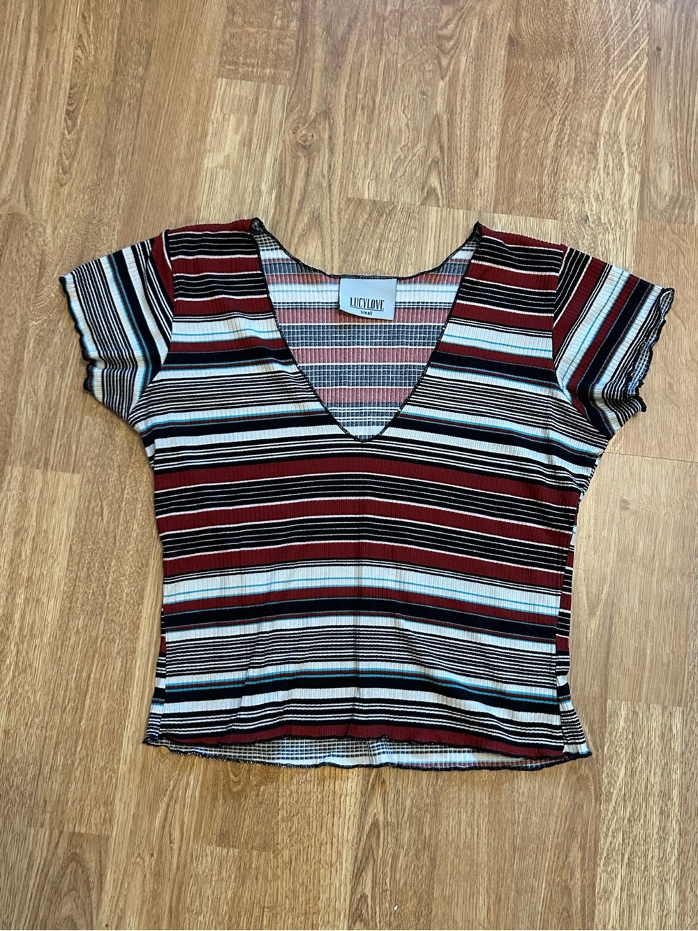 Lucy Love Striped V-Neck Crop Top in Red, Black & White